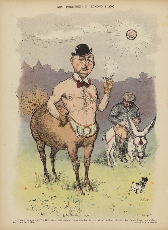 Edmond Blanc, Franse racepaard eigenaar en fokker. Illustratie voor Le Rire door Charles Leandre