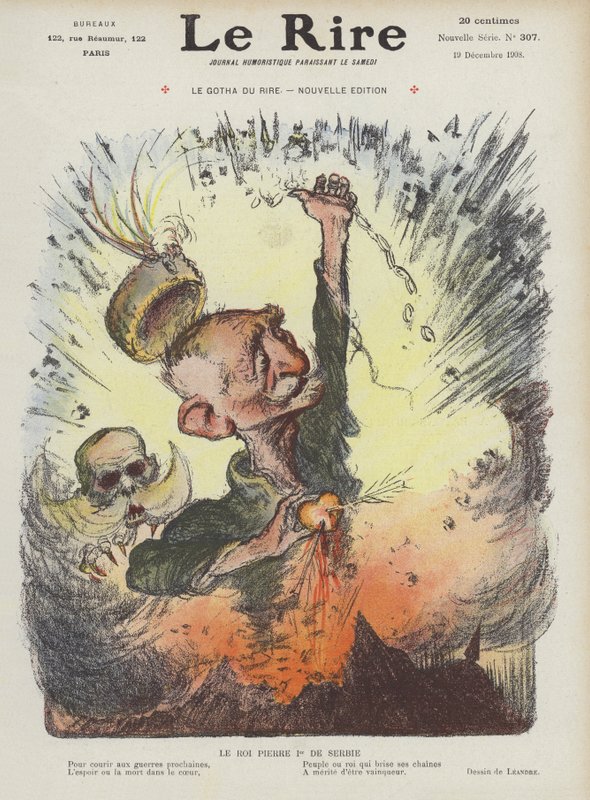 Koning Peter I van Servië. Illustratie voor Le Rire door Charles Leandre
