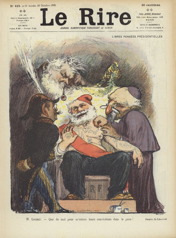 President Loubet van Frankrijk wordt getatoeëerd. Illustratie voor Le Rire door Charles Leandre