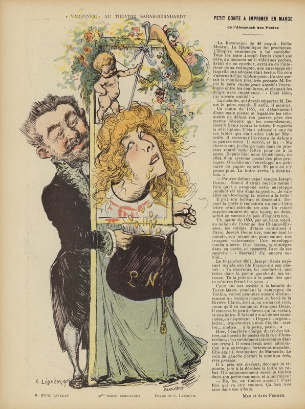 Productie van Henri Lavetans toneelstuk Varennes in het Théâtre Sarah Bernhardt. Illustratie voor Le Rire door Charles Leandre