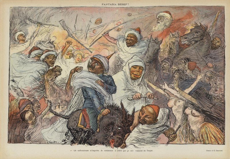 Satire op het bezoek van keizer Wilhelm II aan Tanger in 1905. Illustratie voor Le Rire door Charles Leandre