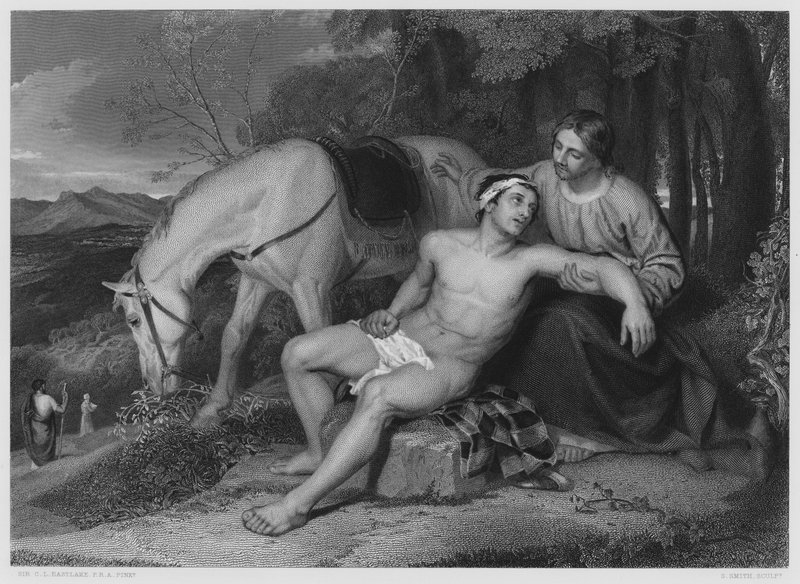 De Barmhartige Samaritaan, van het schilderij in de Koninklijke Collectie (gravure) door Charles Lock (after) Eastlake