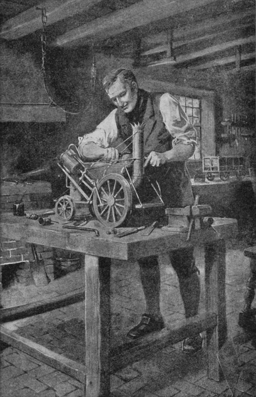 George Stephenson werkt aan een model van zijn Rocket, de locomotief die de spoorweg mogelijk maakte door Charles Mills (after) Sheldon