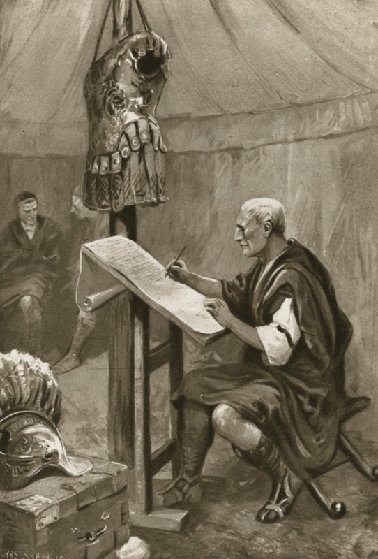 Julius Caesar schrijft een brief naar Rome vanuit zijn tent in Kent door Charles Mills after Sheldon