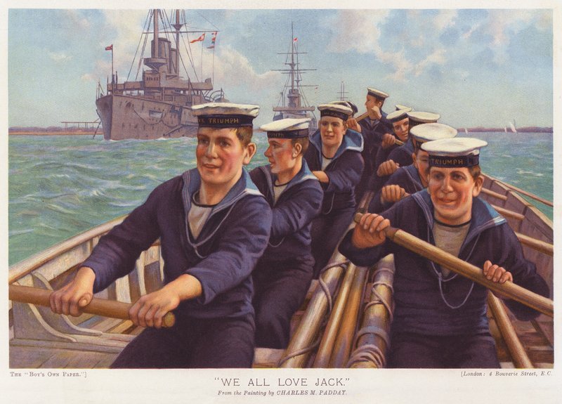 Matrozen van HMS Triumph roeien door een haven (kleurenlitho) door Charles Murray (after) Padday