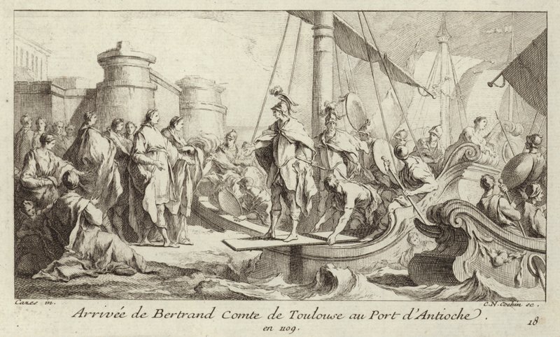 Aankomst van Bertrand, Graaf van Toulouse, in de haven van Antiochië, om zijn heerschappij over het Graafschap Tripoli op te nemen door Charles Nicolas II Cochin