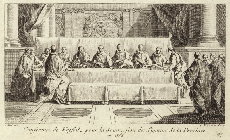 Conferentie voor de onderwerping van leden van de Katholieke Liga in Languedoc door Charles Nicolas II Cochin