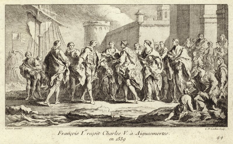 Koning Frans I van Frankrijk ontvangt keizer Karel V in Aigues-Mortes door Charles Nicolas II Cochin