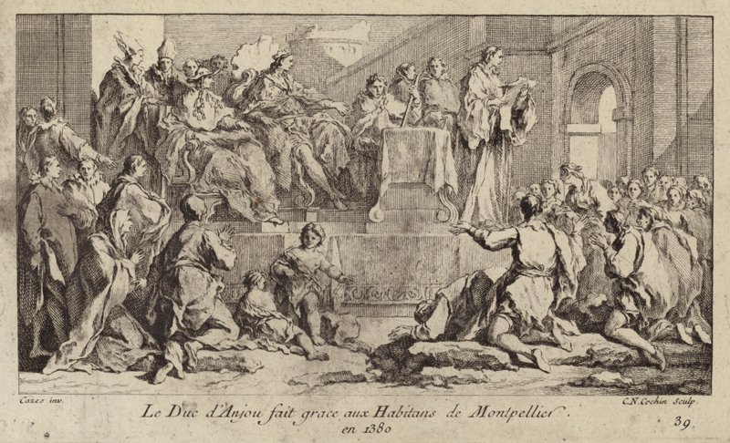 Lodewijk I, hertog van Anjou, regent van koning Karel VI van Frankrijk, dankt de mensen van Montpellier door Charles Nicolas II Cochin