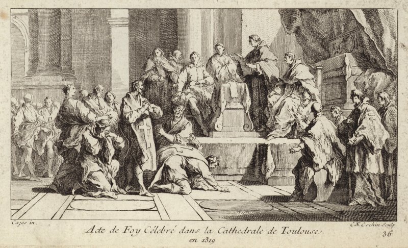 Berouwvolle Katharen verklaren hun geloof in de katholieke religie in de kathedraal van Toulouse, Frankrijk door Charles Nicolas II Cochin