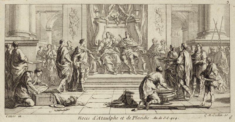 Huwelijk van Galla Placidia en Ataulf, koning van de Visigoten, Narbonne, 414 (gravure) door Charles Nicolas II Cochin