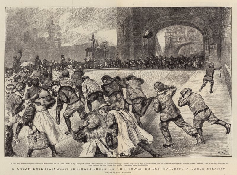 Een Goedkope Amusement, Schoolkinderen op de Tower Bridge kijken naar een Grote Stoomboot door Charles Paul Renouard