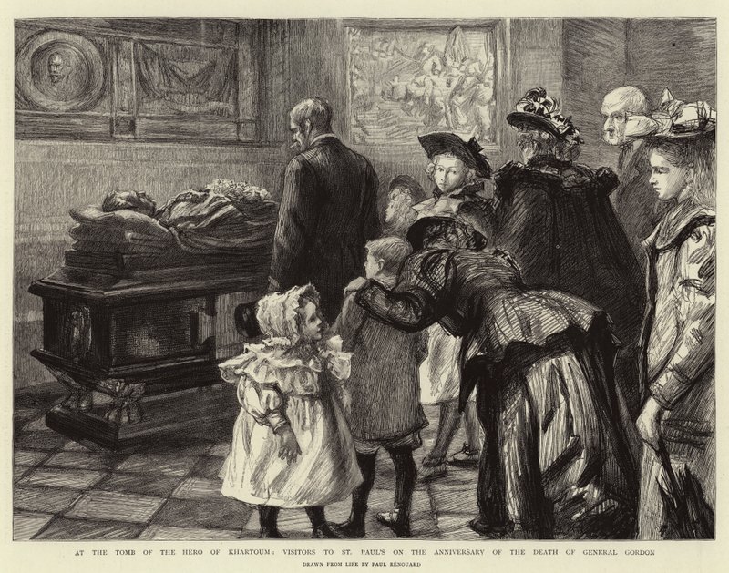 Bij het graf van de held van Khartoem, bezoekers van St. Paul
