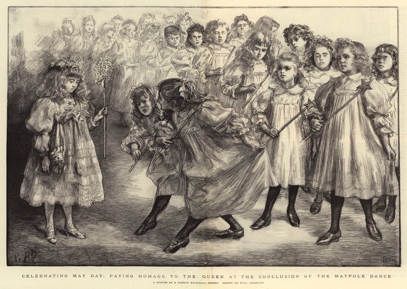 Viering van Meidag, eerbetoon aan de Koningin na de Meipaaldans door Charles Paul Renouard
