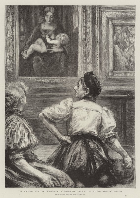 De Madonna en de Schoonmaaksters, een Schets op Schoonmaakdag in de Nationale Galerie door Charles Paul Renouard