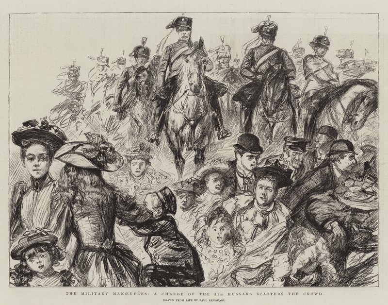 De Militaire Manoeuvres, een aanval van de 8e Huzaren verspreidt de menigte door Charles Paul Renouard