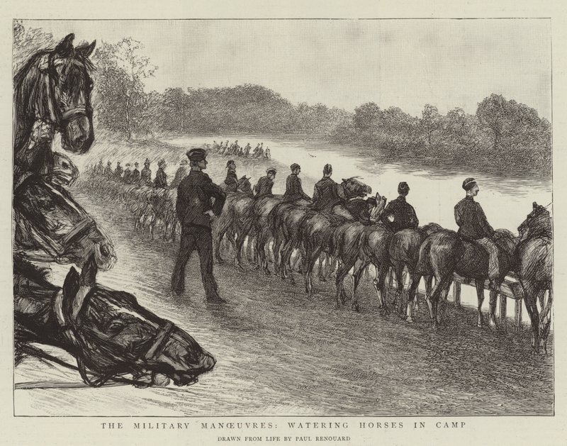 De militaire manoeuvres, paarden water geven in het kamp door Charles Paul Renouard