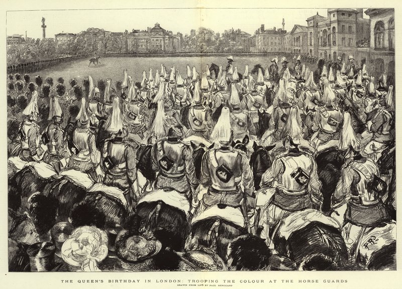 De Verjaardag van de Koningin in Londen, trooping the Colour bij de Horse Guards door Charles Paul Renouard