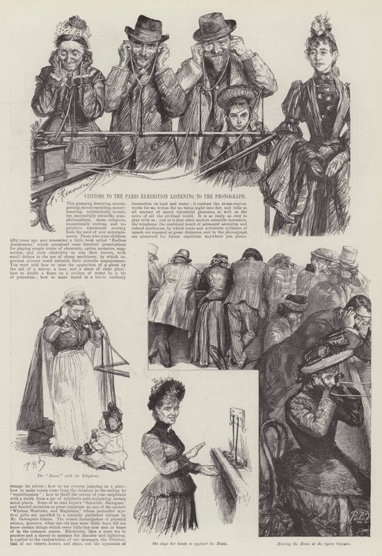 Bezoekers van de Parijse Tentoonstelling luisteren naar de fonograaf door Charles Paul Renouard