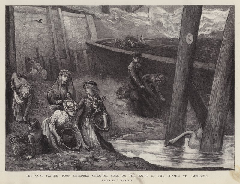 Arme kinderen verzamelen stukjes kolen van de oevers van de Theems in Limehouse, Londen door Charles Ricketts