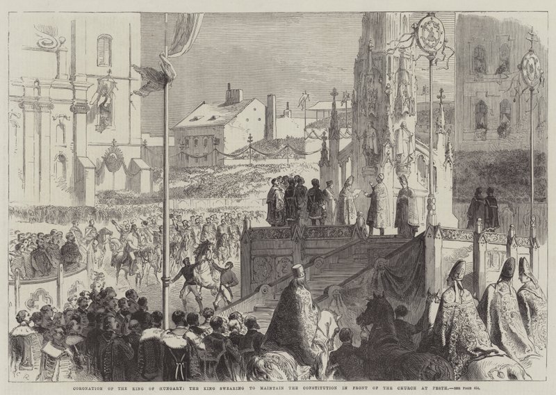 Kroning van de koning van Hongarije, de koning zweert de grondwet te handhaven voor de kerk in Pesth door Sir John Charles Robinson