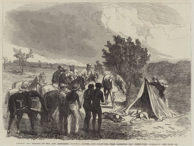 Het vinden van de overblijfselen van de verloren ontdekkingsreizigers, Harding, Panter en Goldwyer, nabij Lagrange Bay, Noordwest-Australië door Sir John Charles Robinson