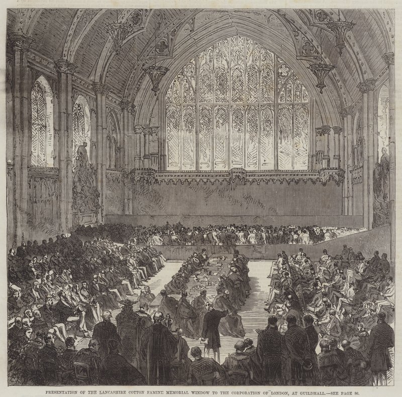 Presentatie van het Lancashire Cotton Famine Herdenkingsraam aan de Corporation of London, in Guildhall door Sir John Charles Robinson