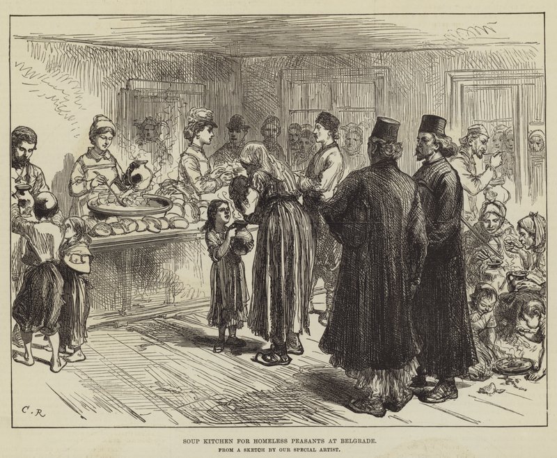 Soepkeuken voor dakloze boeren in Belgrado door Sir John Charles Robinson