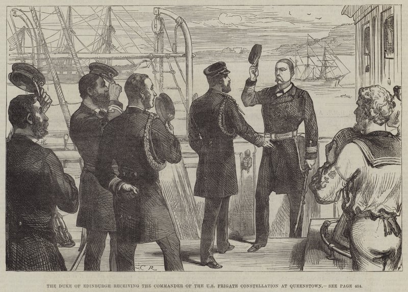 De hertog van Edinburgh ontvangt de commandant van de Amerikaanse fregat Constellation in Queenstown door Sir John Charles Robinson