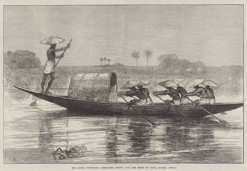 De Looshai-expeditie, berichten vervoerd over de Megna naar Dacca, Oost-Bengalen door Sir John Charles Robinson
