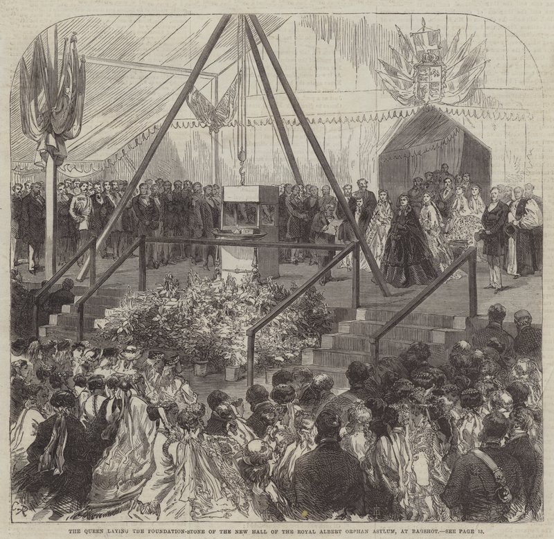 De koningin legt de eerste steen van de nieuwe zaal van het Royal Albert Orphan Asylum, in Bagshot door Sir John Charles Robinson