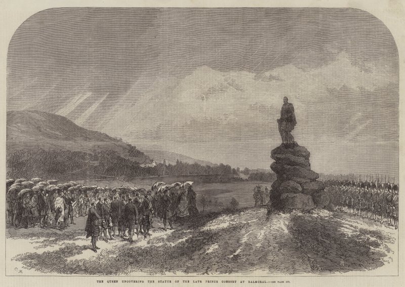 De koningin onthult het standbeeld van de overleden prins-gemaal in Balmoral door Sir John Charles Robinson