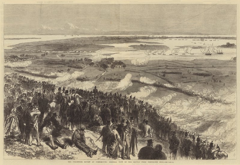 De Vrijwilligersparade in Portsmouth, Algemeen Uitzicht op de Slag vanaf Portsdown Hill door Sir John Charles Robinson