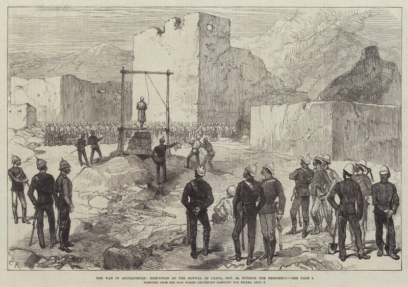 De oorlog in Afghanistan, executie van de Kotwal van Kabul, 26 oktober, buiten de residentie door Sir John Charles Robinson