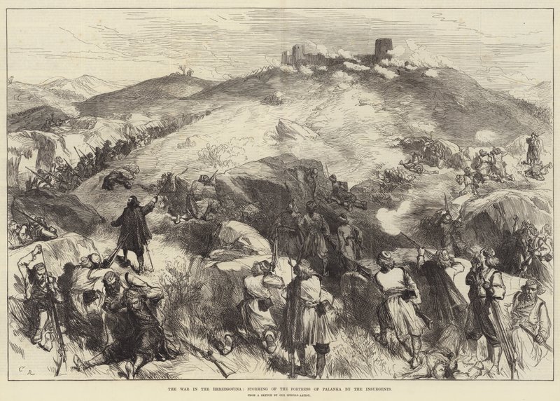 De oorlog in Herzegovina, bestorming van het fort van Palanka door de opstandelingen door Sir John Charles Robinson