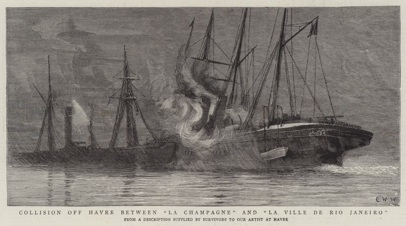 Botsing bij Havre tussen La Champagne en La Ville de Rio Janeiro door Charles William Wyllie