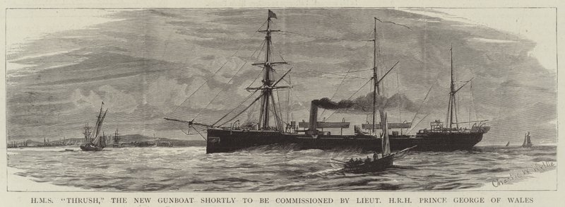 HMS Thrush, de nieuwe kanonneerboot die binnenkort in gebruik wordt genomen door luitenant ZKH Prins George van Wales door Charles William Wyllie