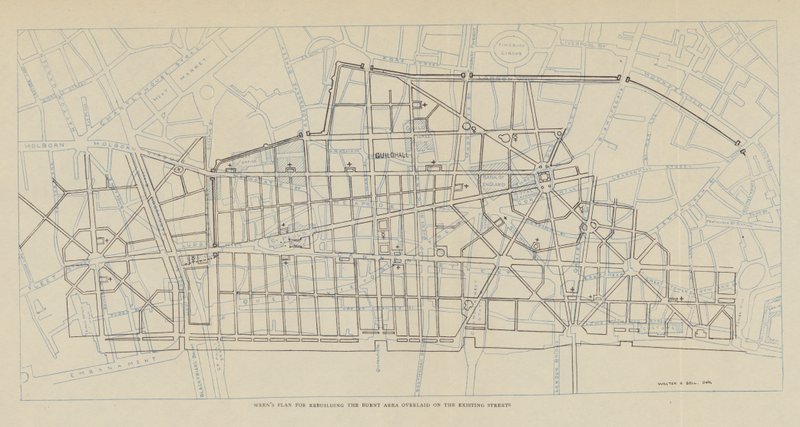 Plan van Sir Christopher Wren voor de herbouw van het verbrande gebied over de bestaande straten door Christopher Wren
