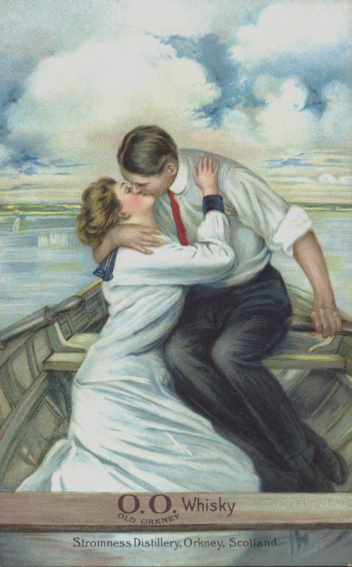 Koppel dat kust in een roeiboot - gebruikt om Old Orkney Whisky te promoten door Clarence F. Underwood