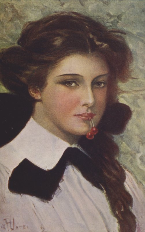 Meisje met kersen in haar mond door Clarence F. Underwood
