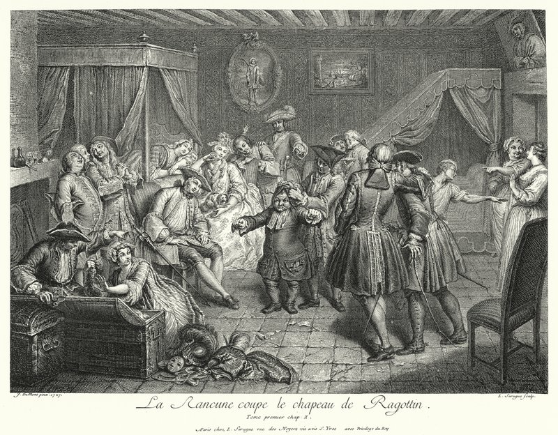 La Rancune snijdt de hoed van Ragotin af (gravure) door Cornelis Engelbrechtsen
