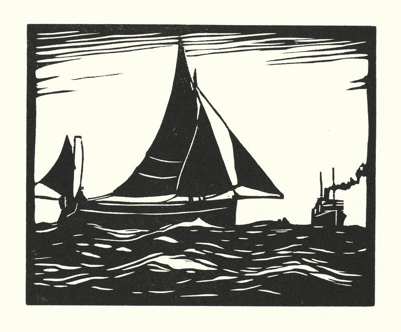 Vissersboten en Aken: Plymouth Hooker (houtsnede) door Cyril A. Wilkinson