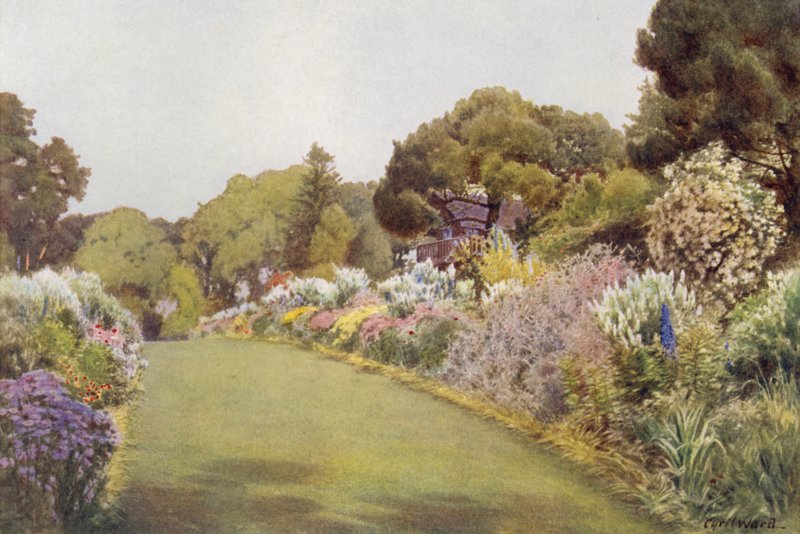 De borders op het gazon bij Swiss Cottage, Osborne door Cyril Ward
