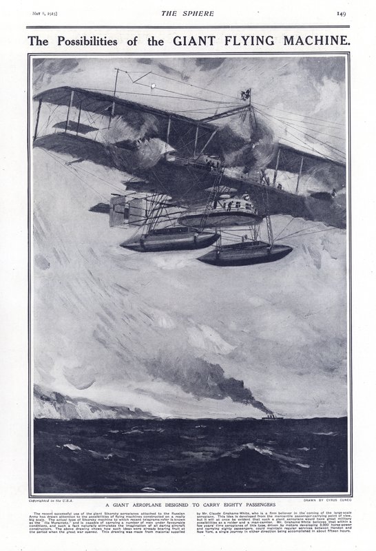 Een gigantisch vliegtuig ontworpen om tachtig passagiers te vervoeren, 1914 door Cyrus Cuneo