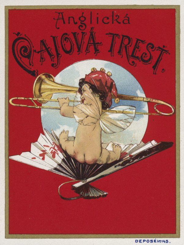Productetiket met afbeelding van een cherub die trombone speelt door Czech School