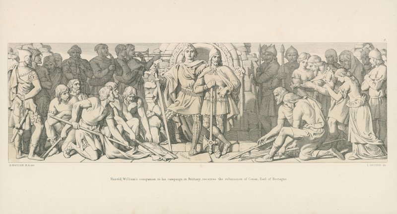 Harold, Williams metgezel in zijn campagne in Bretagne, ontvangt de onderwerping van Conan, graaf van Bretagne door Daniel Maclise