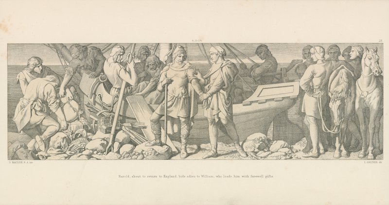 Harold, op het punt om terug te keren naar Engeland, neemt afscheid van Willem, die hem overladen met afscheidsgeschenken door Daniel Maclise