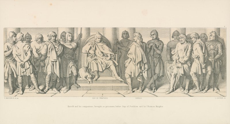 Harold en zijn metgezellen, als gevangenen gebracht voor Guy van Ponthieu en zijn Normandische ridders door Daniel Maclise