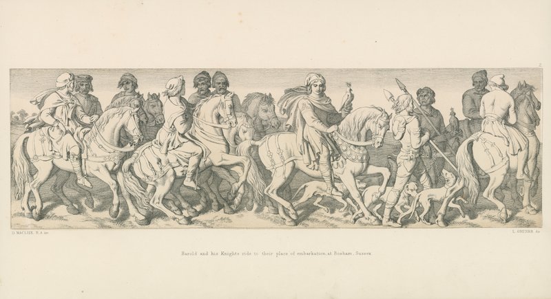 Harold en zijn ridders rijden naar hun inschepingsplaats, in Bosham, Sussex door Daniel Maclise