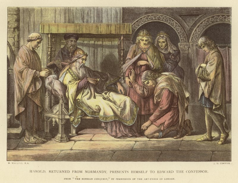 Harold, teruggekeerd uit Normandië, presenteert zich aan Edward de Belijder door Daniel Maclise